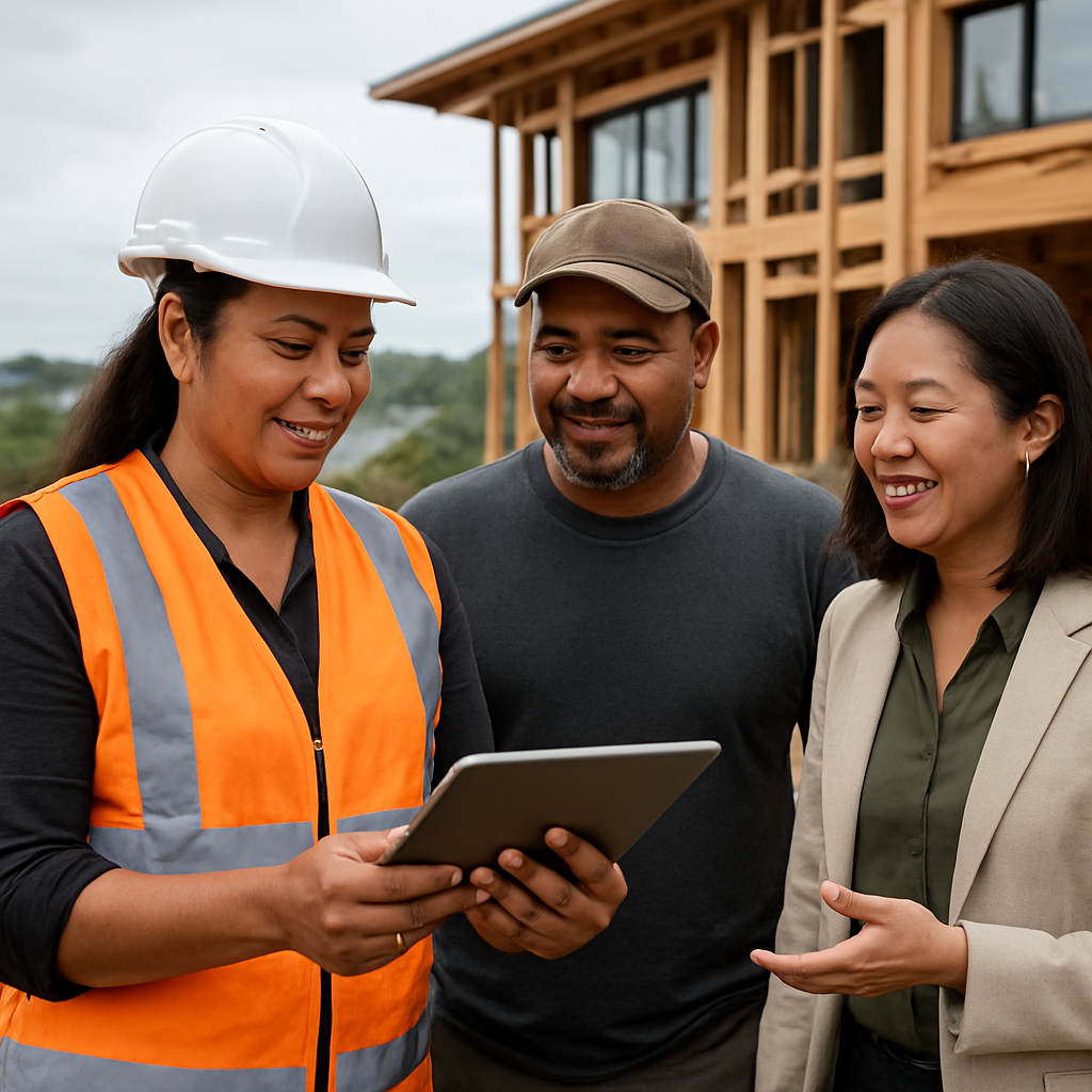 A diverse team of New Zealand business professionals reviewing plans on a construction site